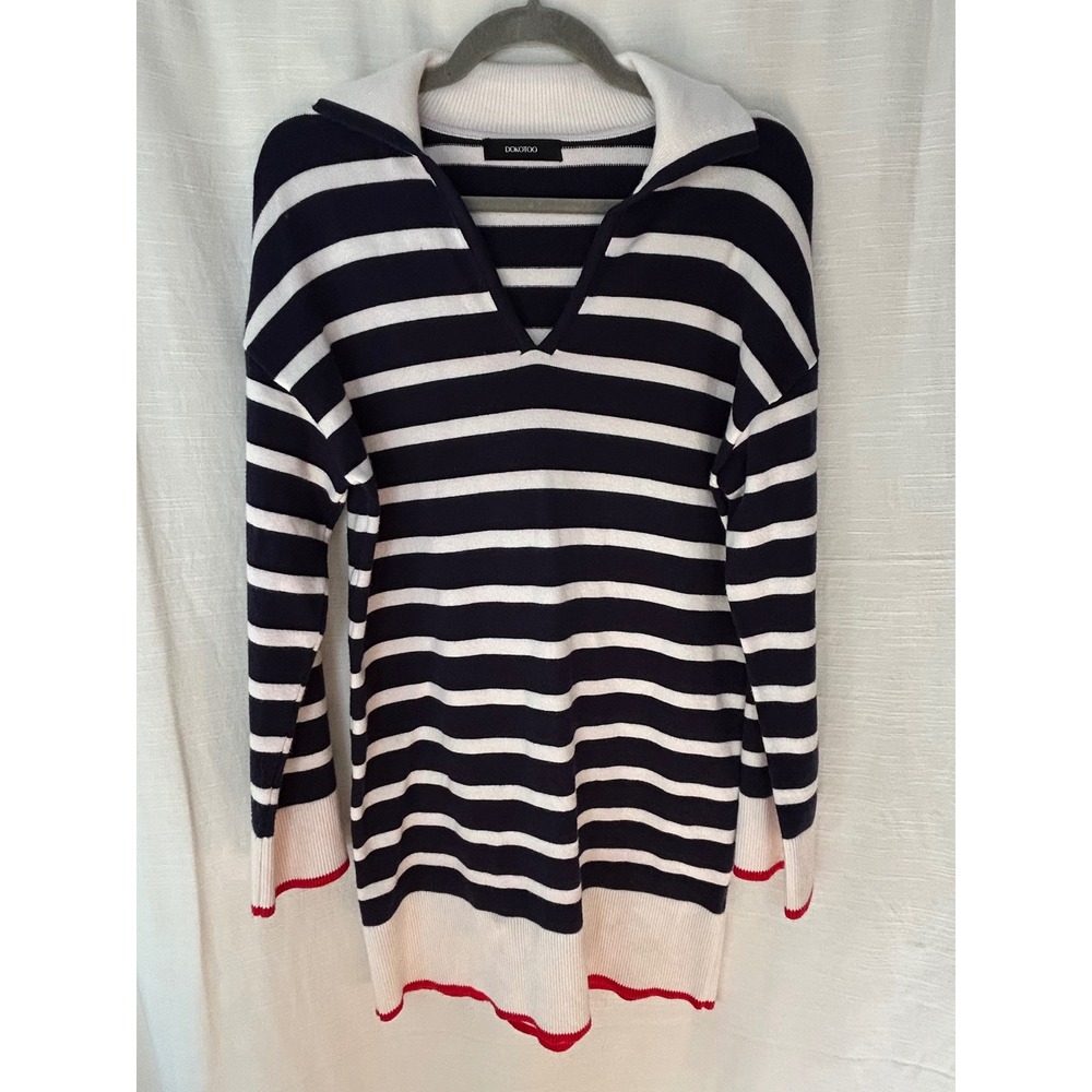 Dokotoo Navy White Striped Knit Sweater Dress V-Neck Polo Collar Red Trim Small